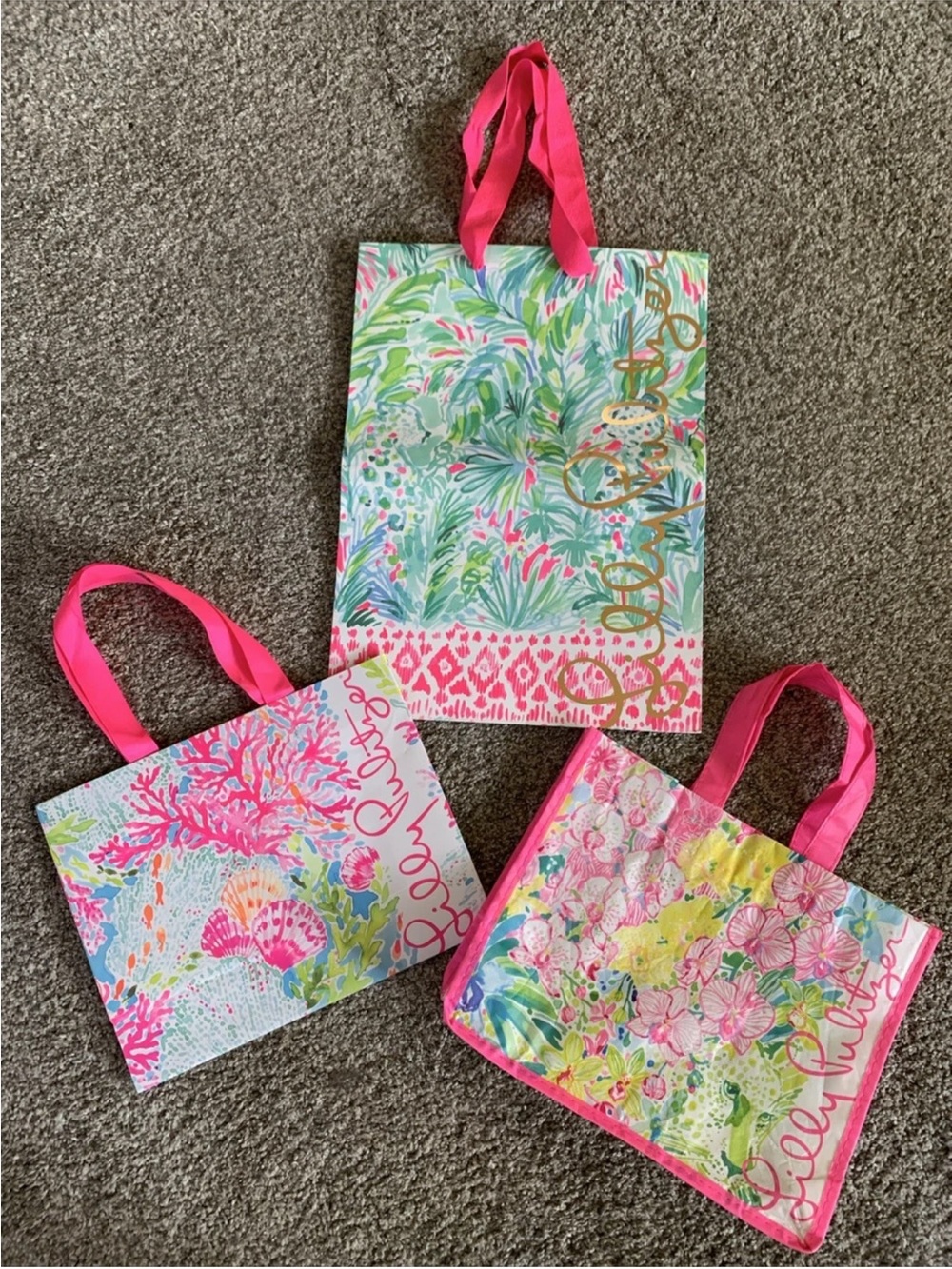 Lilly Pulitzer Lot of 3 gift bags 2 paper 1 plastic pink reusable